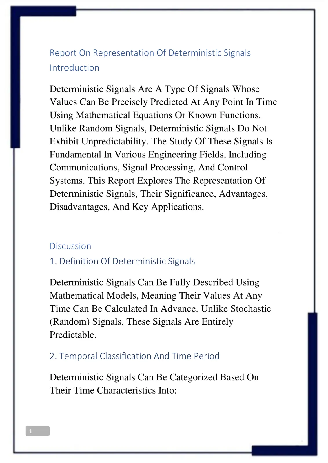 غلاف تقرير Report On Representation Of Deterministic Signals