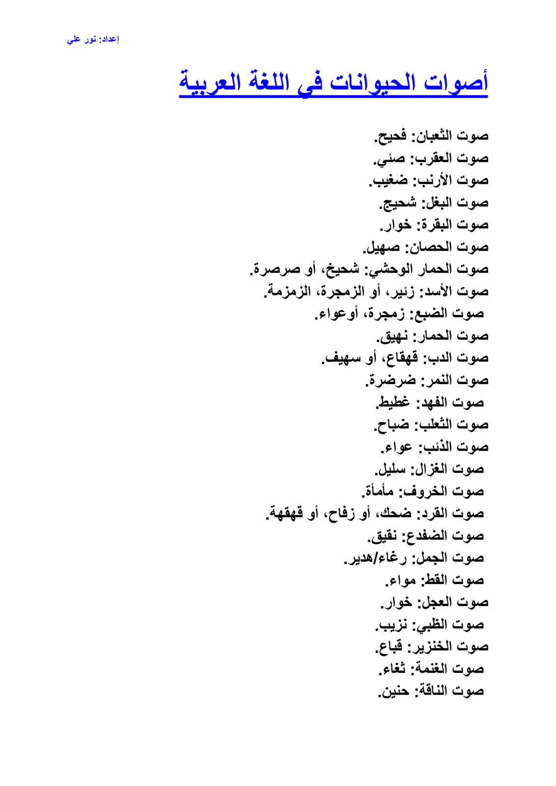 غلاف تقرير أصوات الحيوانات في اللغة العربية