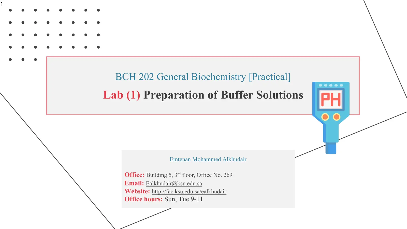 غلاف تقرير BCH 202 General Biochemistry Practical - Lab (1) Preparation of Buffer Solutions