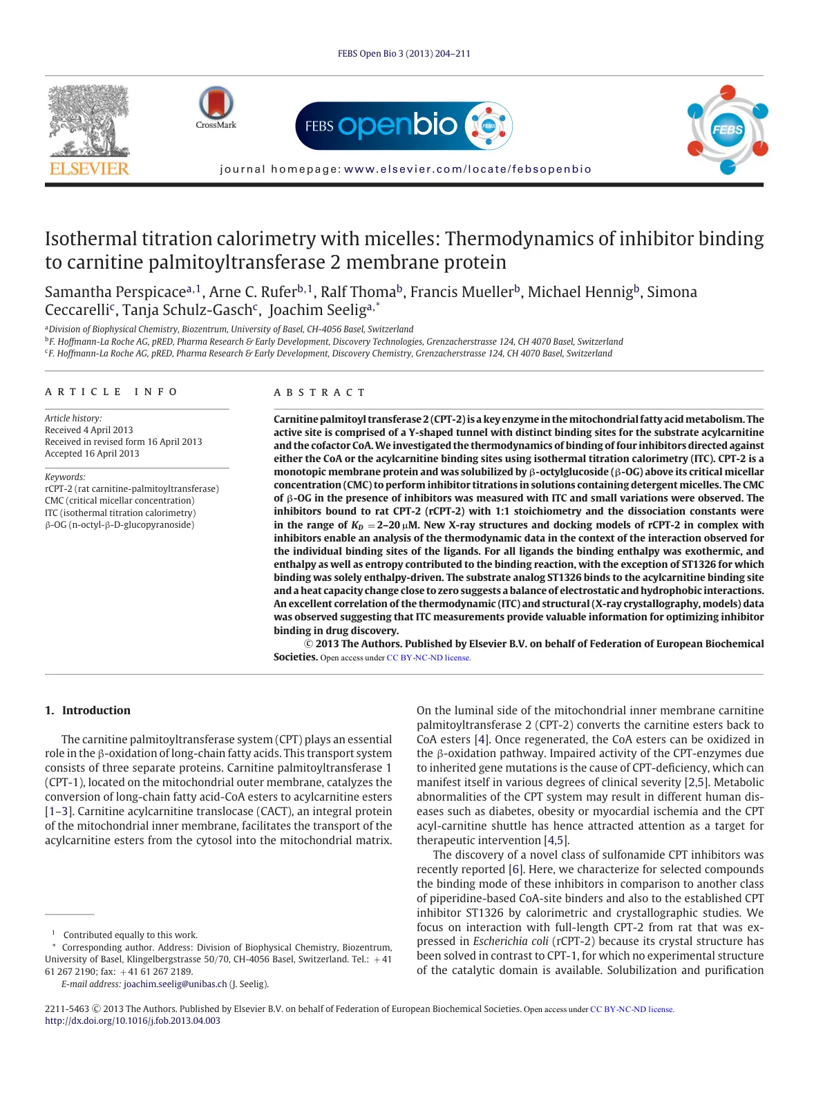غلاف تقرير Isothermal titration calorimetry with micelles: Thermodynamics of inhibitor binding to carnitine palmitoyltransferase 2 membrane protein