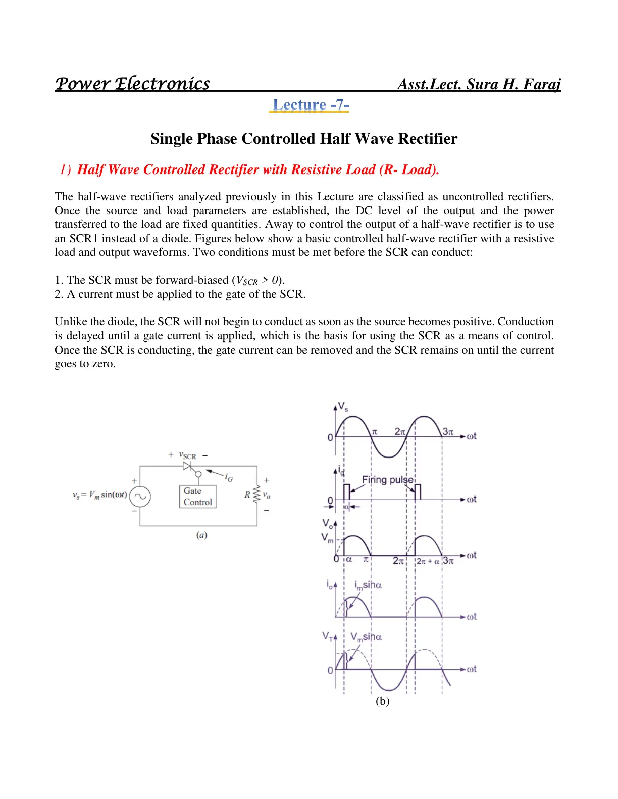 غلاف تقرير Power Electronics: Lecture -7- Single Phase Controlled Half Wave Rectifier