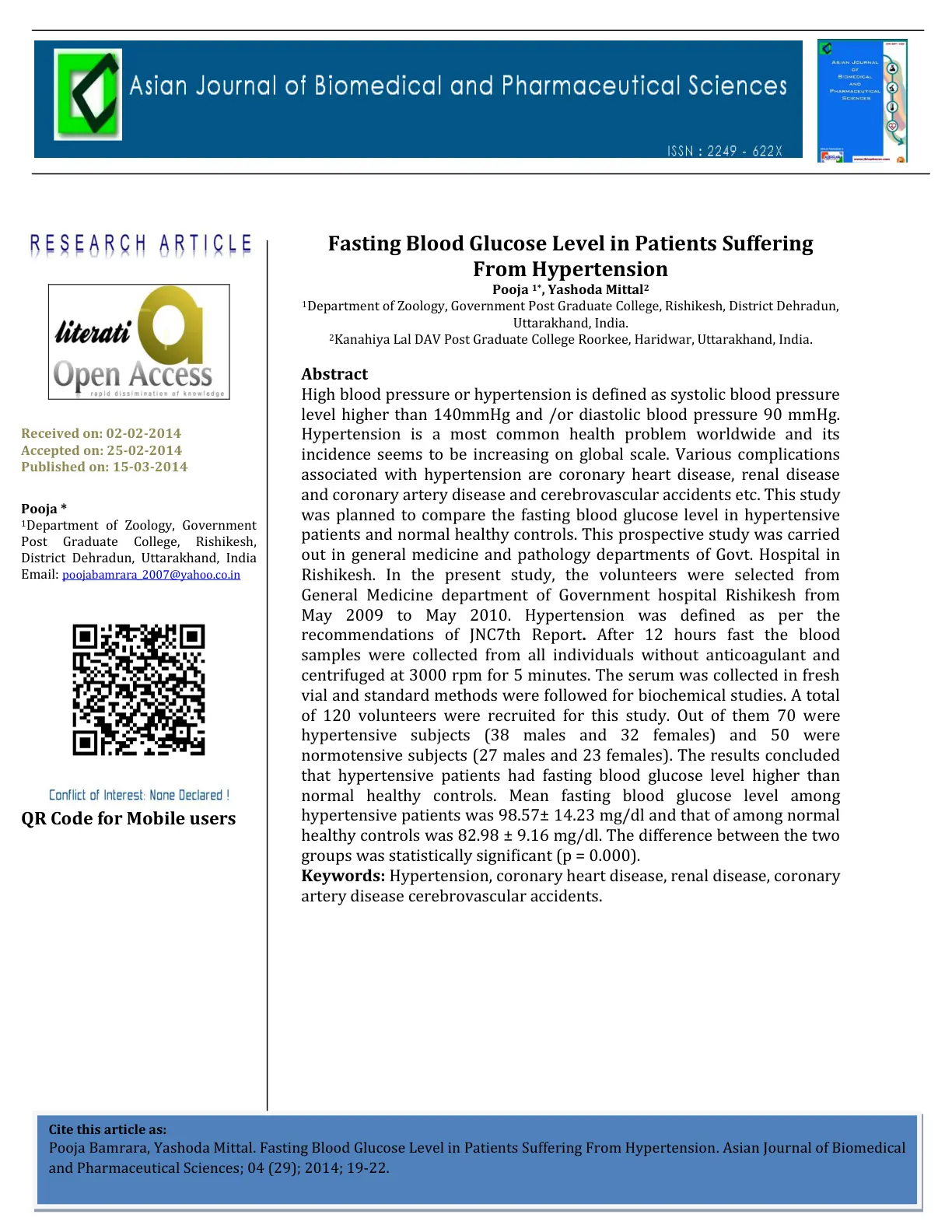 غلاف تقرير Fasting Blood Glucose Level in Patients Suffering From Hypertension