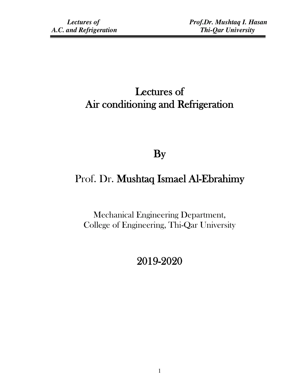 غلاف تقرير Lectures of Air Conditioning and Refrigeration