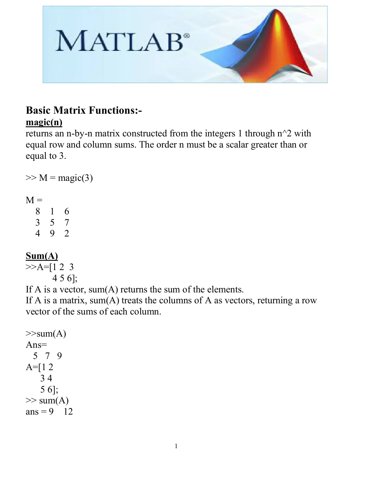 غلاف تقرير MATLAB® Basic Matrix Functions