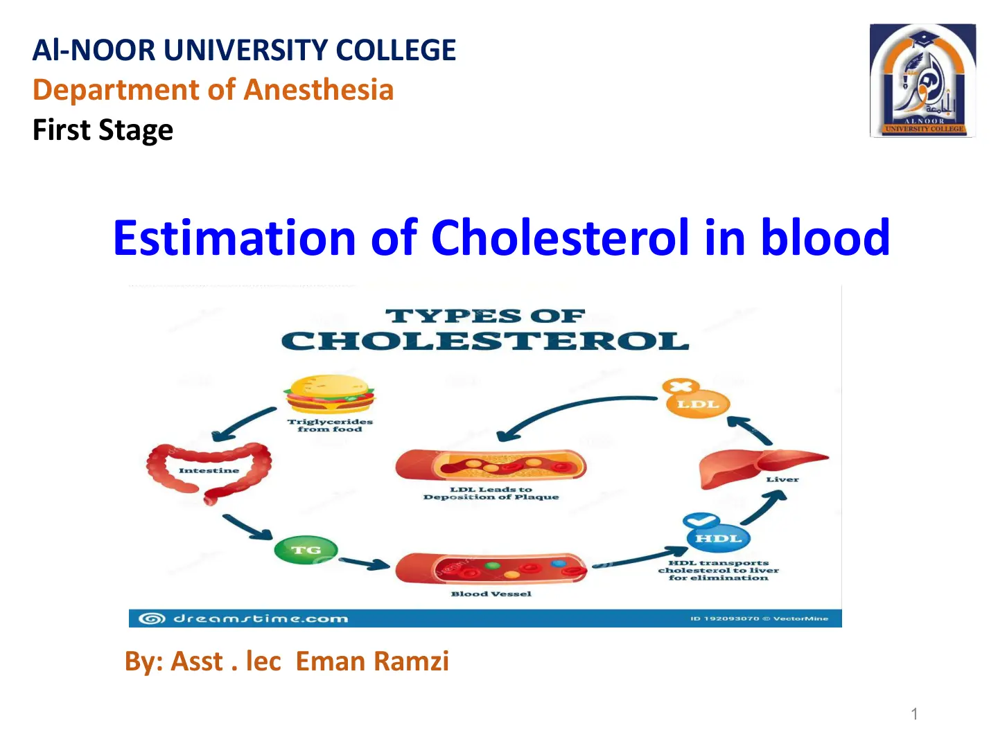 غلاف تقرير Estimation of Cholesterol in blood - First Stage - Department of Anesthesia