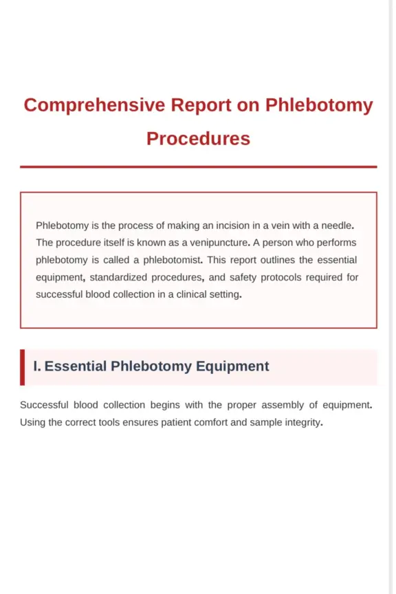 غلاف تقرير Comprehensive Report on Phlebotomy Procedures