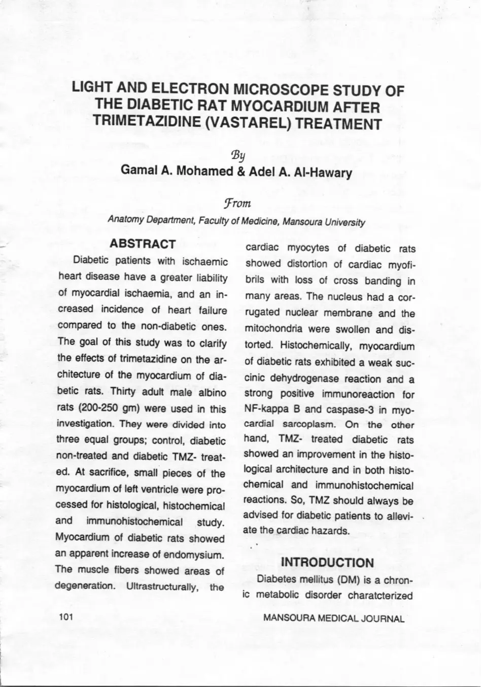 غلاف تقرير LIGHT AND ELECTRON MICROSCOPE STUDY OF THE DIABETIC RAT MYOCARDIUM AFTER TRIMETAZIDINE (VASTAREL) TREATMENT