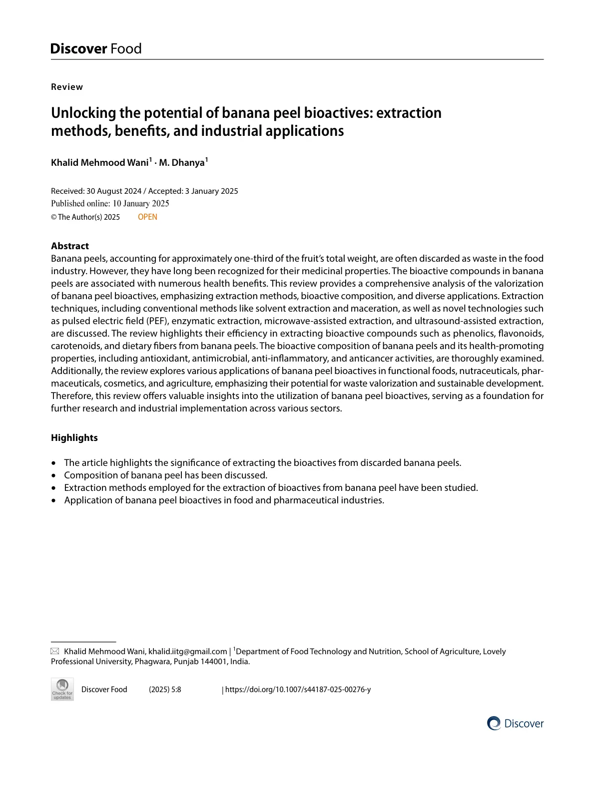 غلاف تقرير Unlocking the potential of banana peel bioactives: extraction methods, benefits, and industrial applications