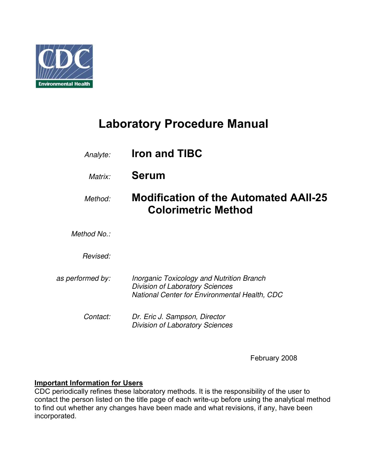 غلاف تقرير Environmental Health Laboratory Procedure Manual