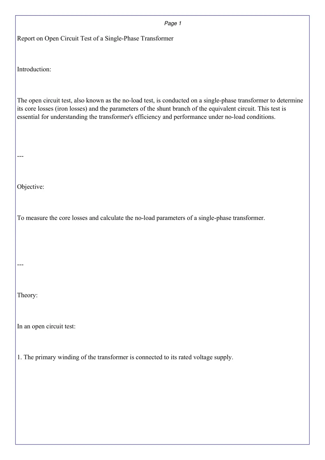 غلاف تقرير Report on Open Circuit Test of a Single-Phase Transformer