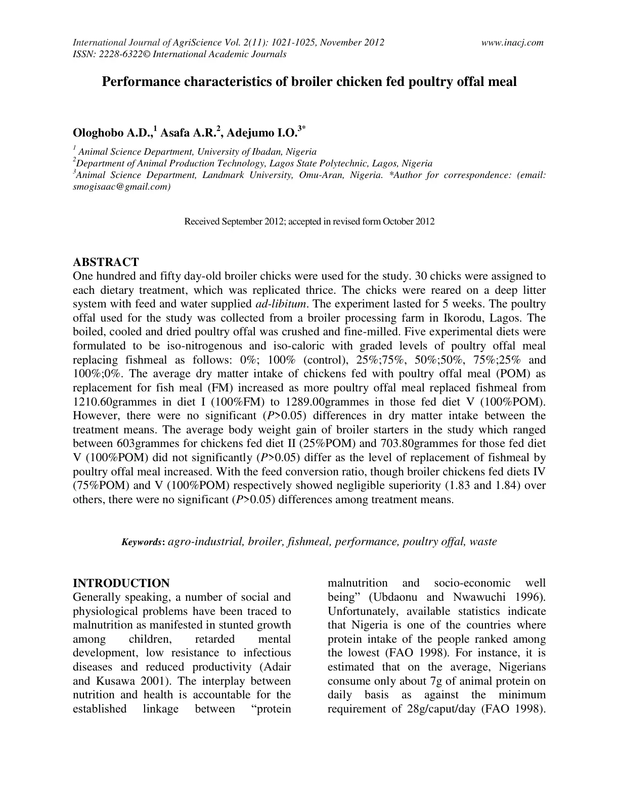 غلاف تقرير Performance characteristics of broiler chicken fed poultry offal meal
