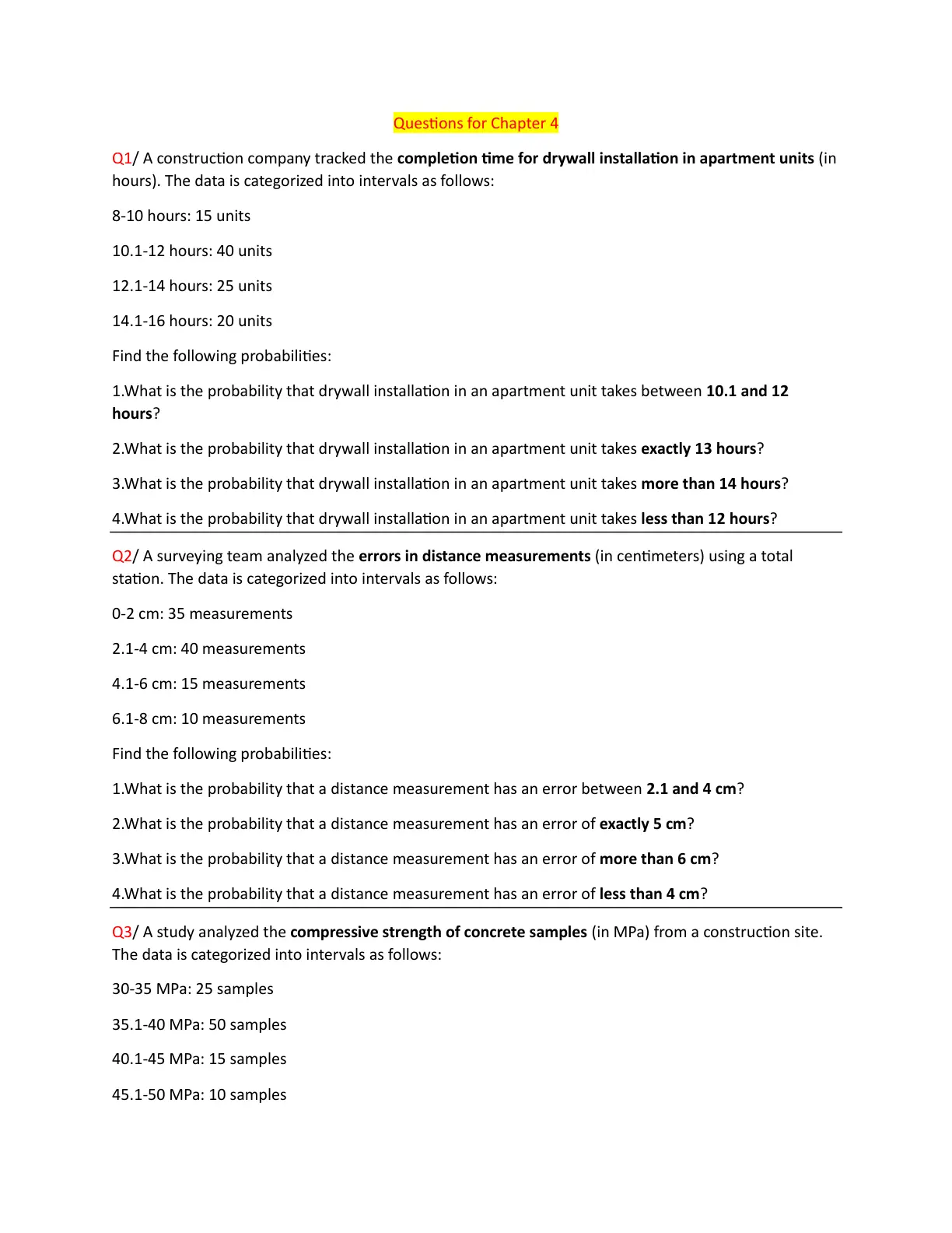 غلاف تقرير Questions for Chapter 4 - Probability in Construction
