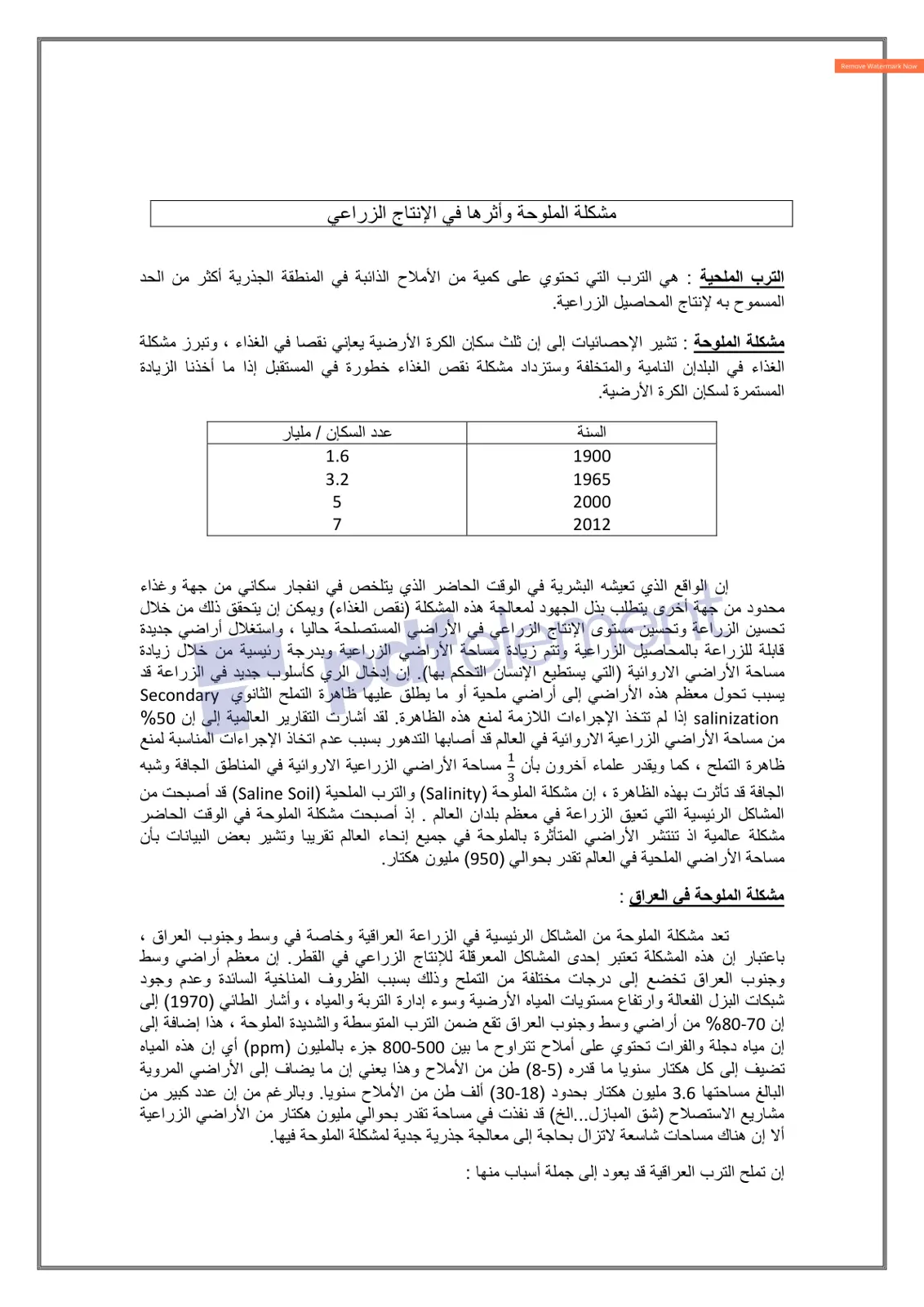 غلاف تقرير مشكلة الملوحة وأثرها في الإنتاج الزراعي