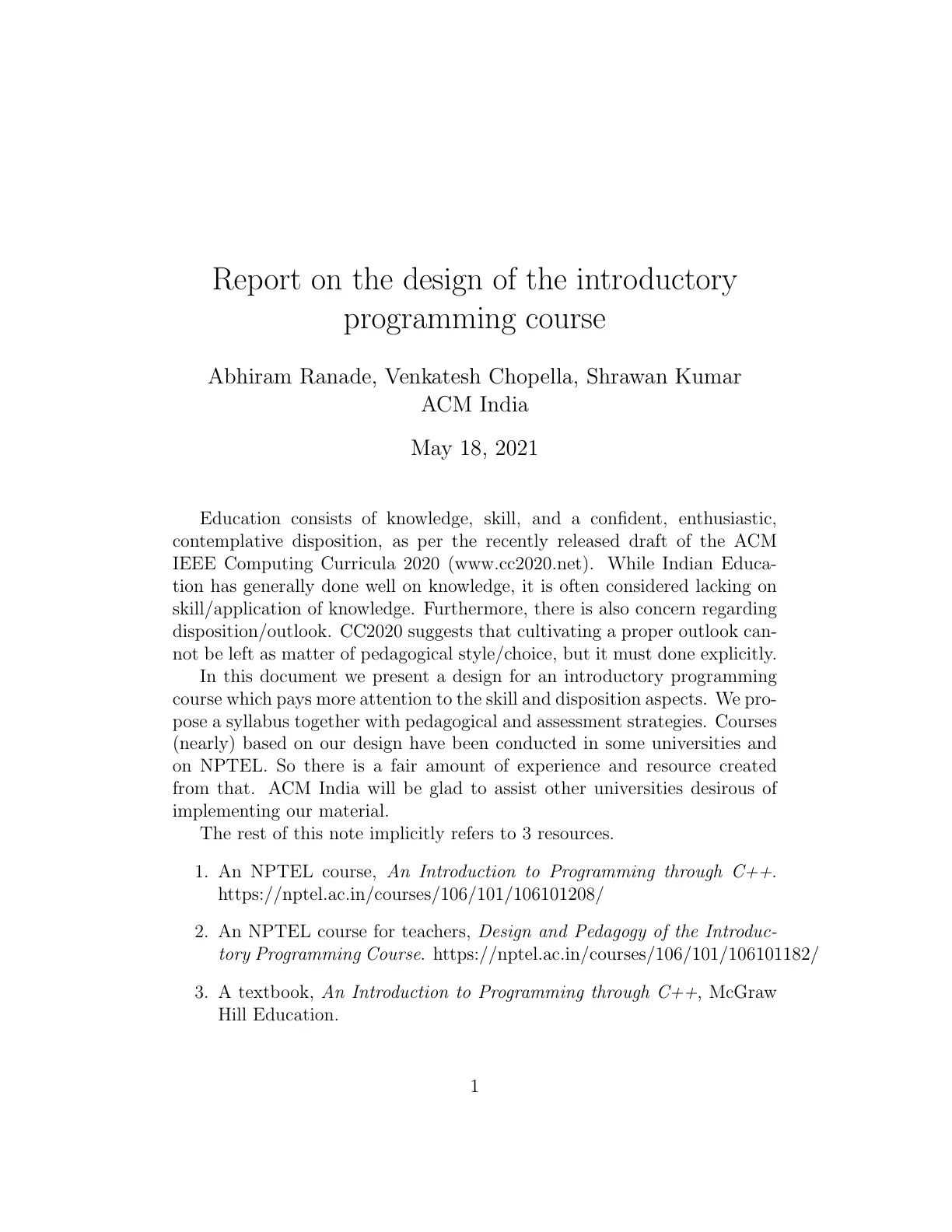 غلاف تقرير Report on the Design of the Introductory Programming Course