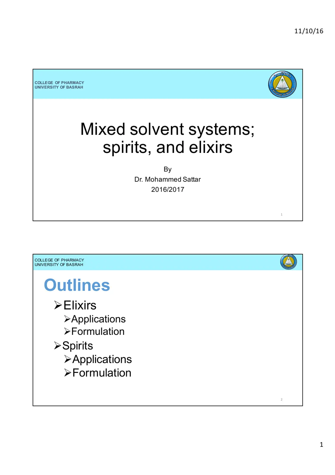 غلاف تقرير Mixed solvent systems; spirits, and elixirs