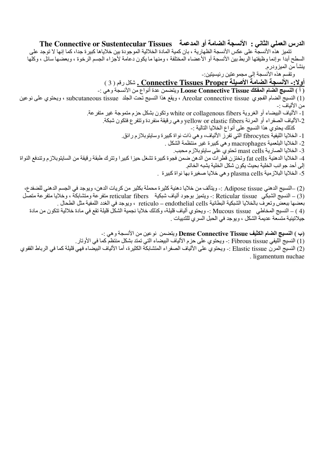 غلاف تقرير الدرس العملي الثاني : الأنسجة الضامة أو المدعمة The Connective or Sustentacular Tissues