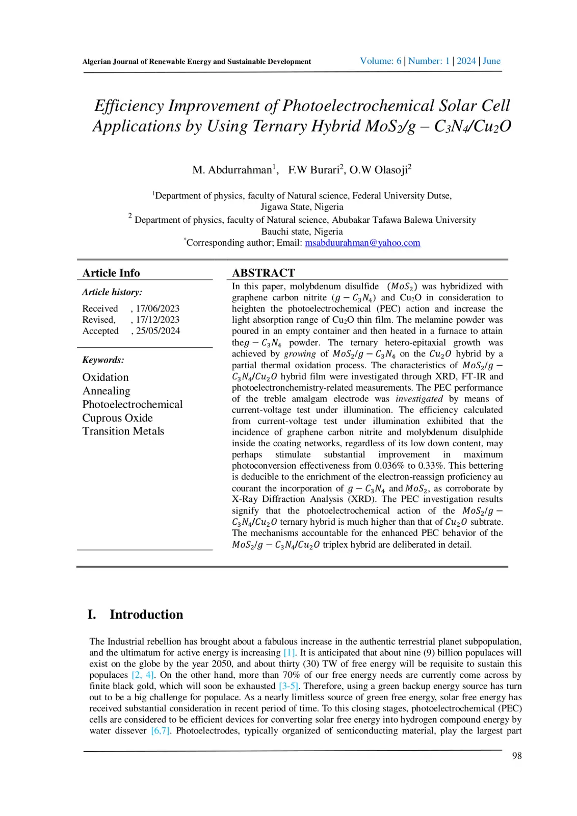 غلاف تقرير Efficiency Improvement of Photoelectrochemical Solar Cell Applications by Using Ternary Hybrid MoS2/g-C3N4/Cu2O