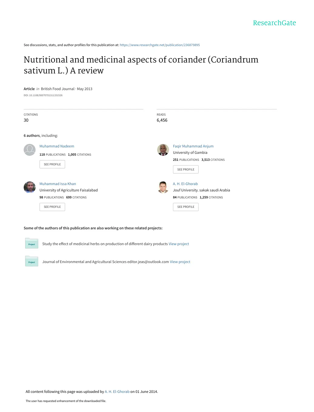 غلاف تقرير Nutritional and medicinal aspects of coriander (Coriandrum sativum L.) A review