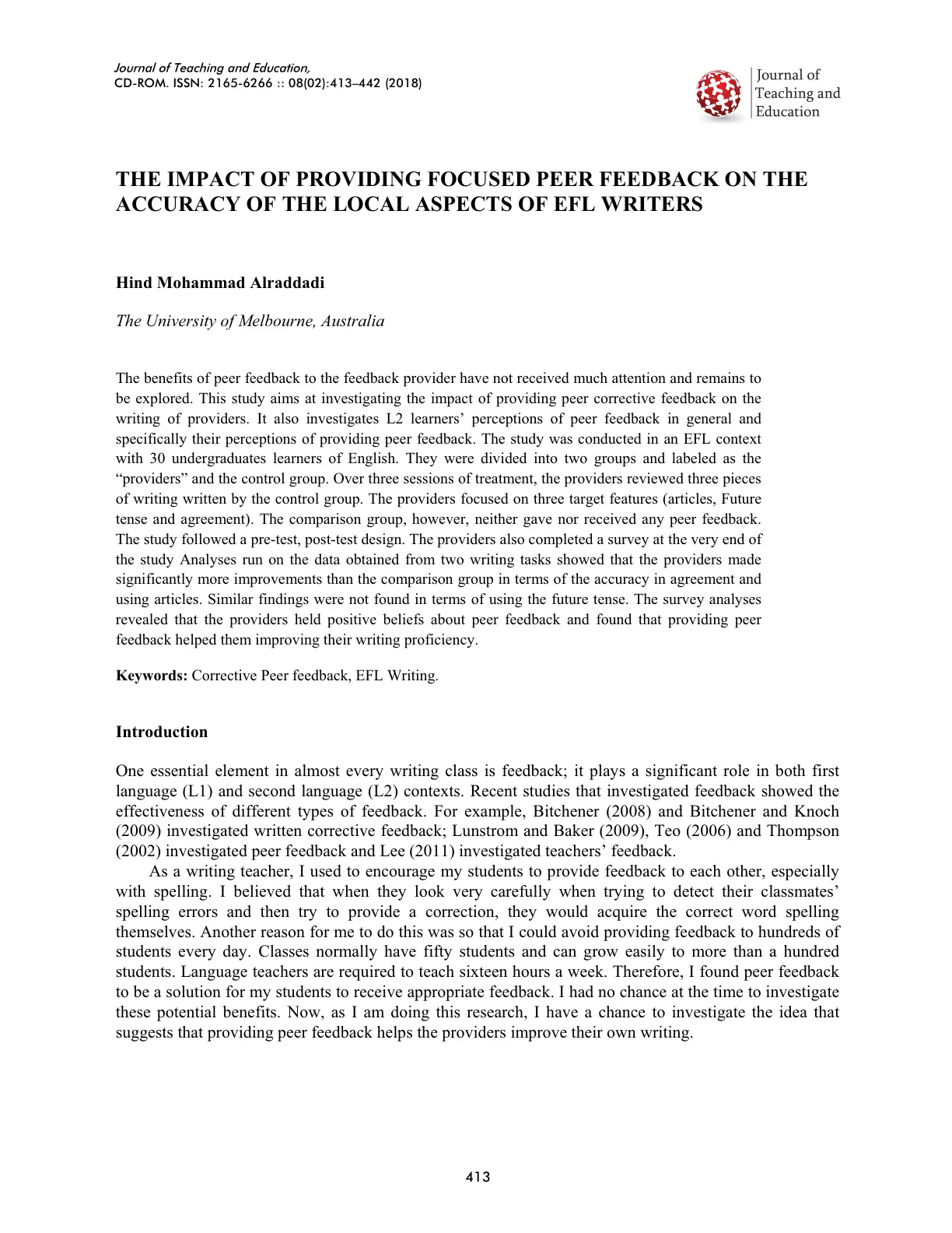 غلاف تقرير The Impact of Providing Focused Peer Feedback on the Accuracy of the Local Aspects of EFL Writers