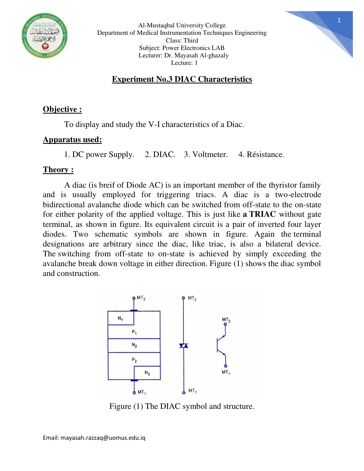 غلاف تقرير Experiment No.3 DIAC Characteristics