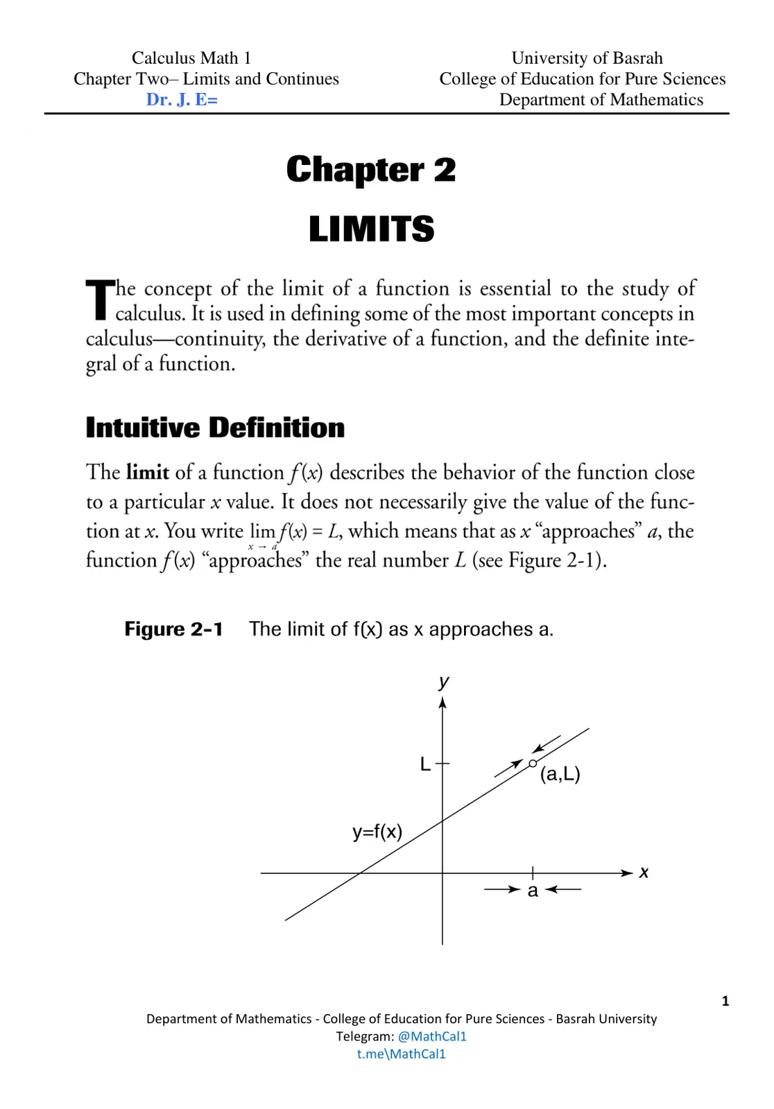 غلاف تقرير Calculus Math 1 Chapter Two-Limits and Continues