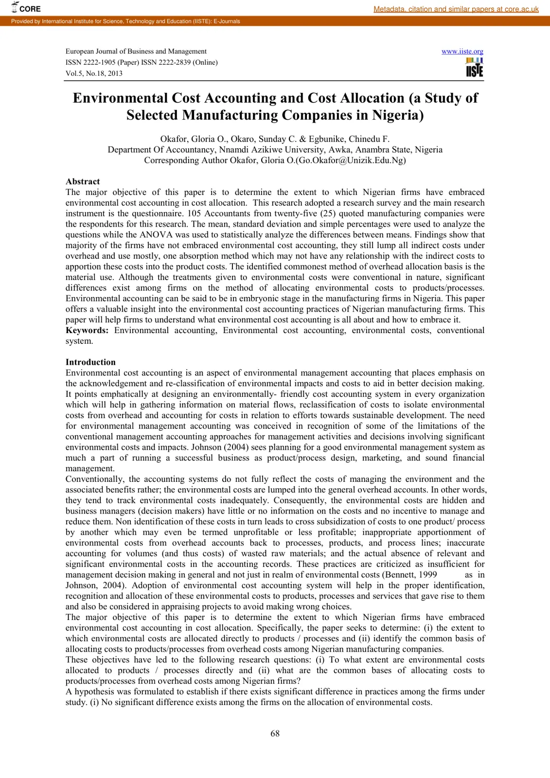 غلاف تقرير Environmental Cost Accounting and Cost Allocation (a Study of Selected Manufacturing Companies in Nigeria)