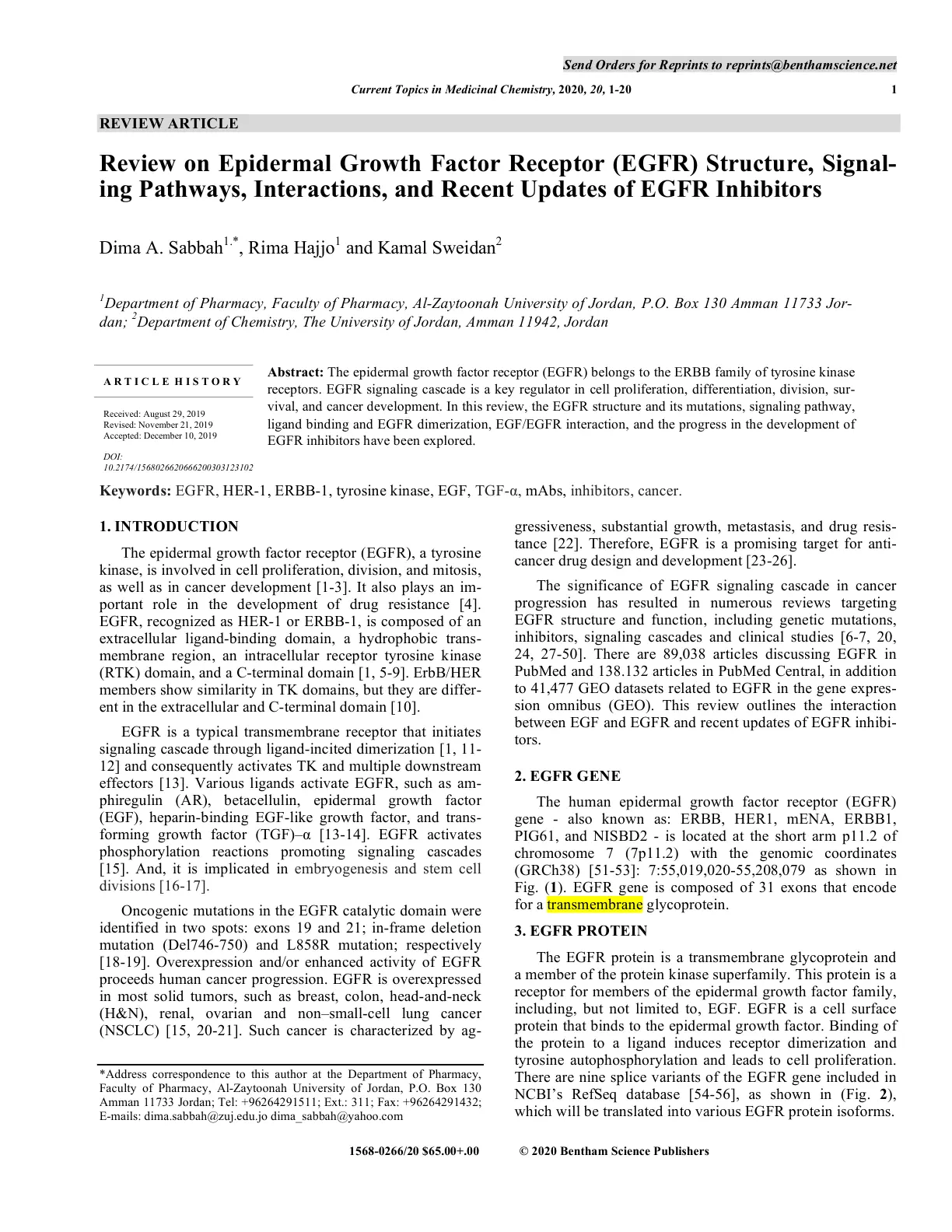 غلاف تقرير Review on EGFR Structure, Signaling Pathways, Interactions, and Recent Updates of EGFR Inhibitors