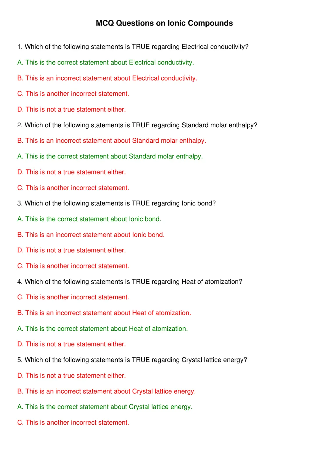 غلاف تقرير MCQ Questions on Ionic Compounds