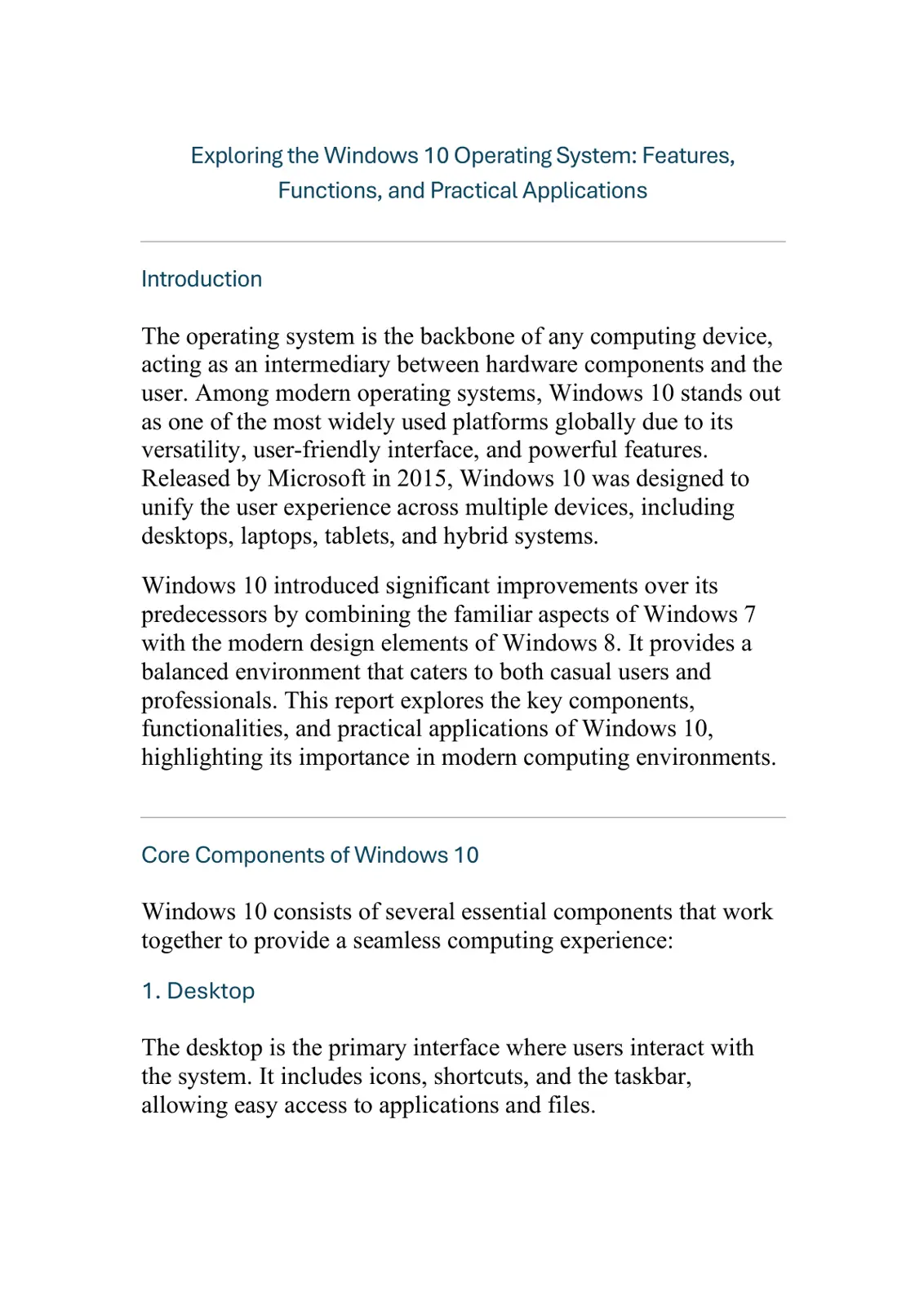 غلاف تقرير Exploring the Windows 10 Operating System: Features, Functions, and Practical Applications