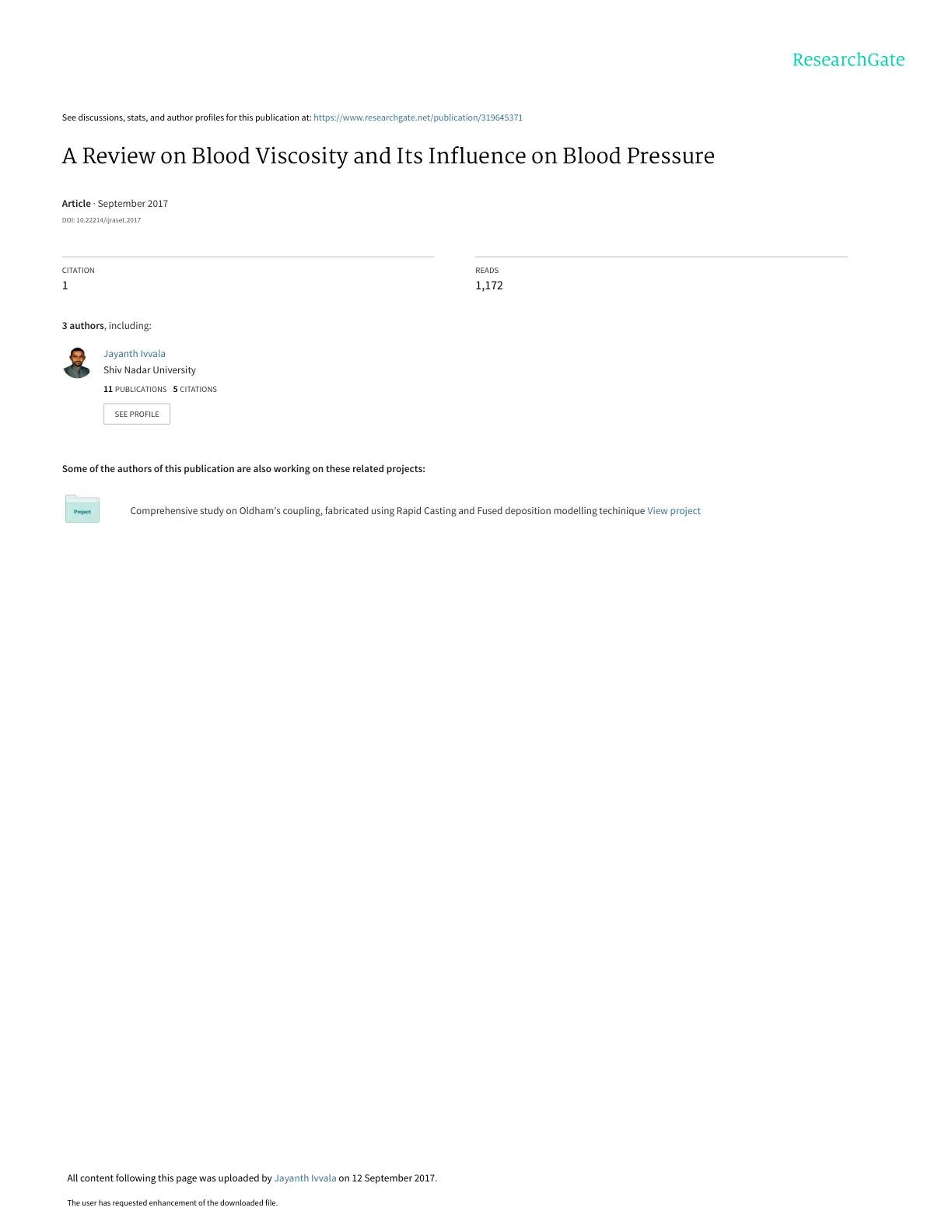 غلاف تقرير A Review on Blood Viscosity and Its Influence on Blood Pressure