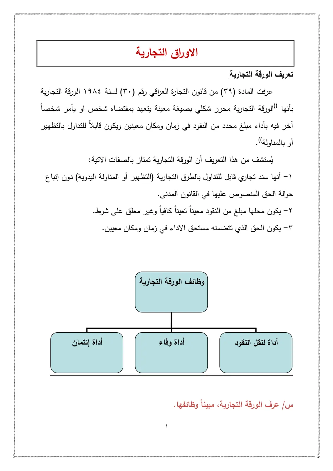غلاف تقرير تعريف الورقة التجارية