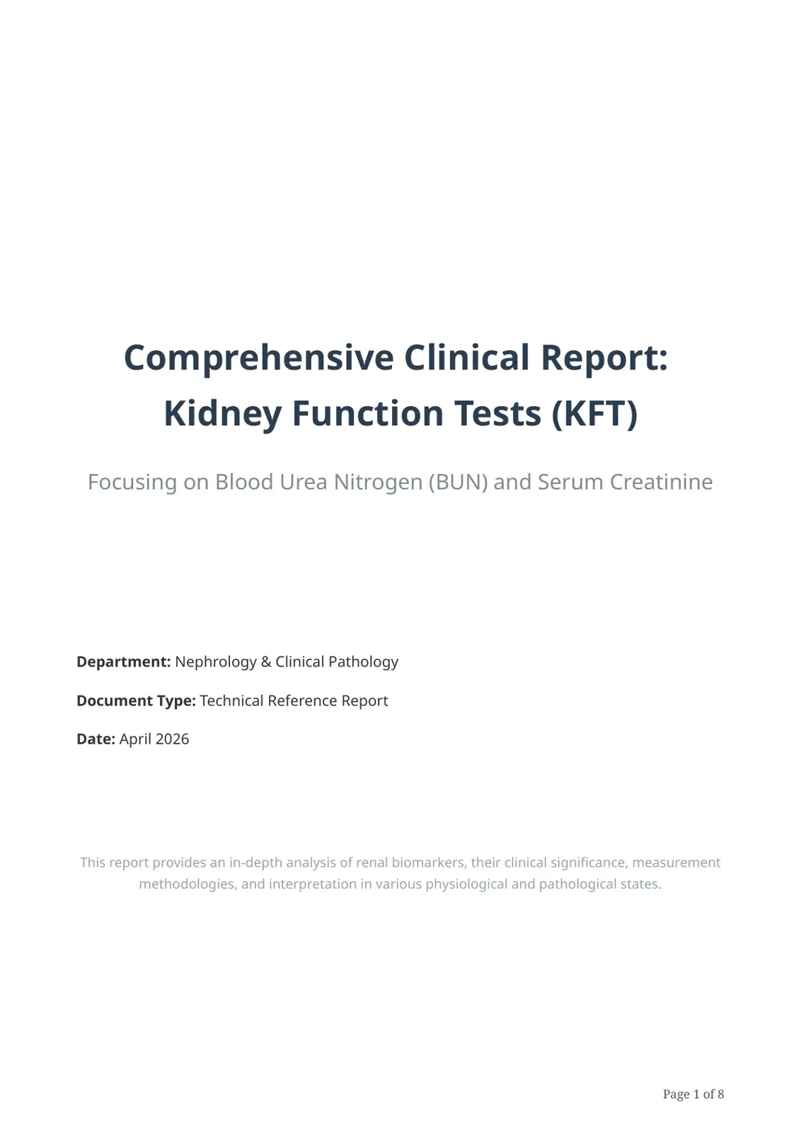 غلاف تقرير Comprehensive Clinical Report: Kidney Function Tests (KFT)