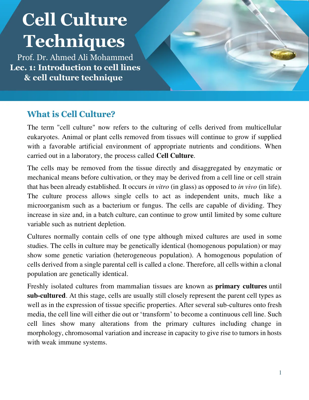 غلاف تقرير Cell Culture Techniques: Lec. 1 – Introduction to Cell Lines & Cell Culture Technique