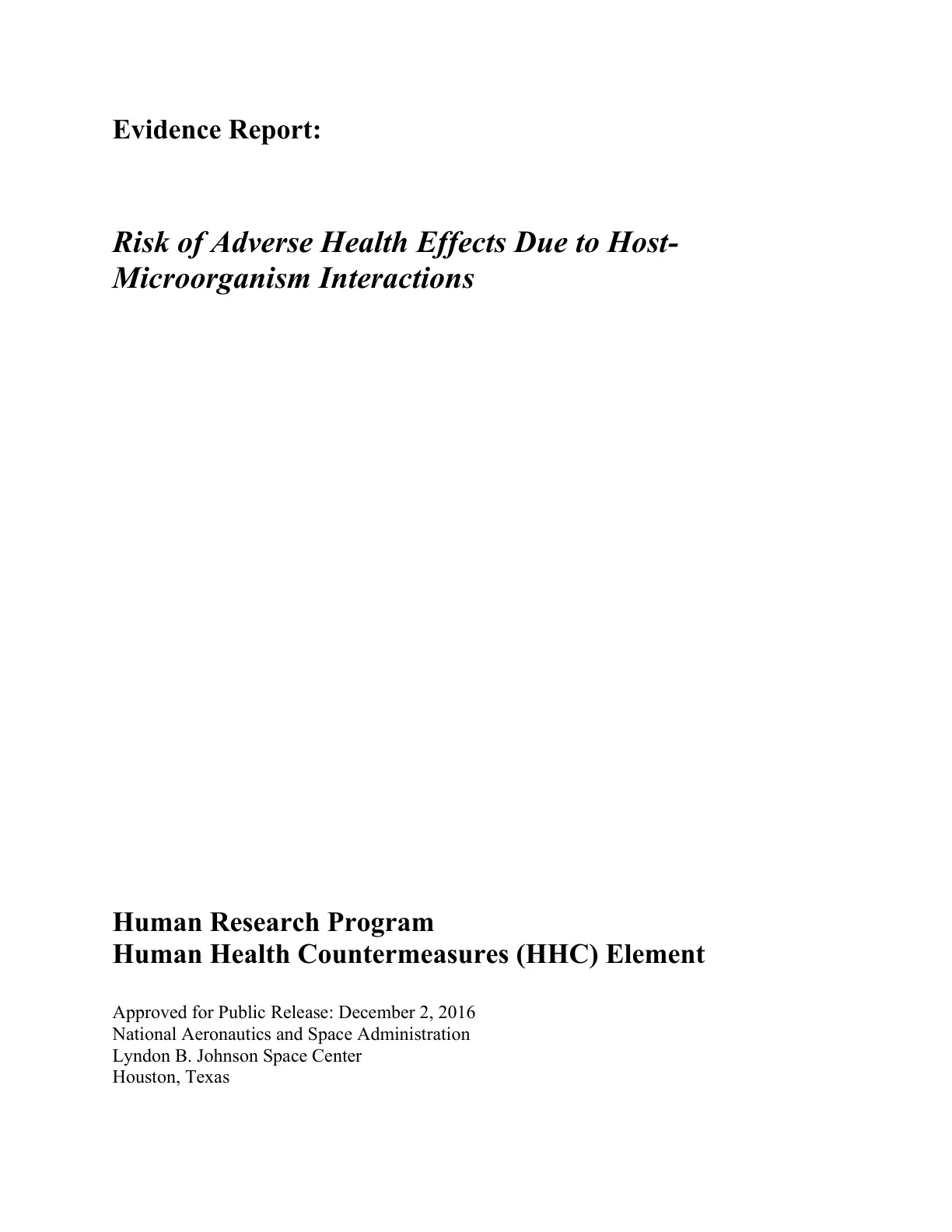 غلاف تقرير Evidence Report: Risk of Adverse Health Effects Due to Host-Microorganism Interactions