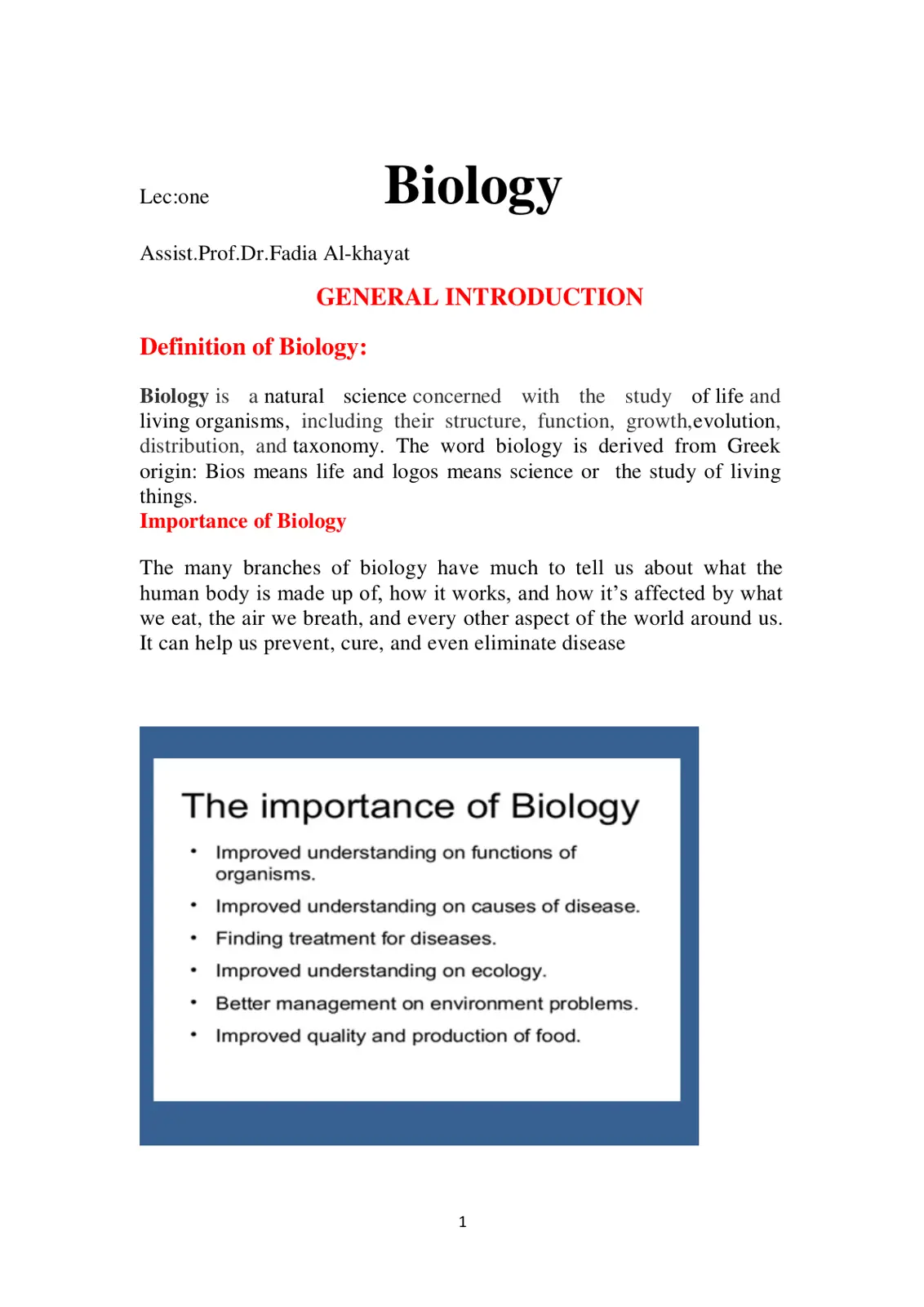 غلاف تقرير Lec:one Biology