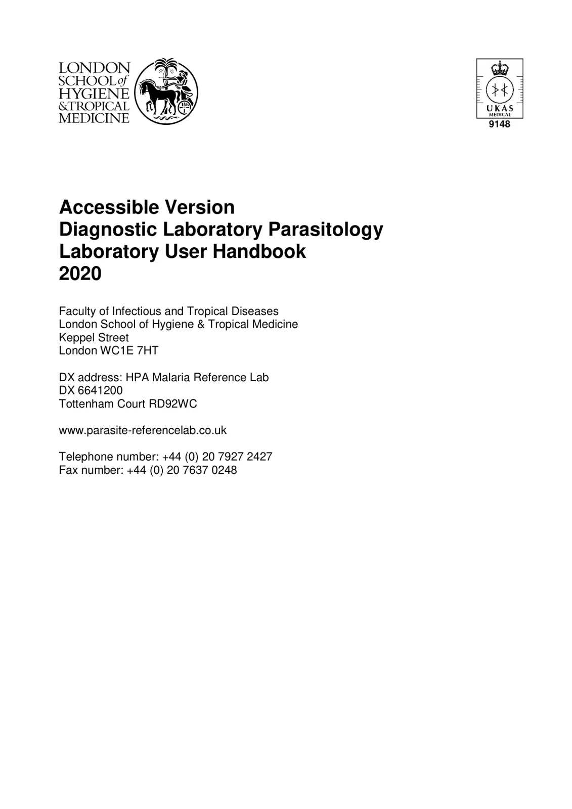 غلاف تقرير Diagnostic Laboratory Parasitology Laboratory User Handbook