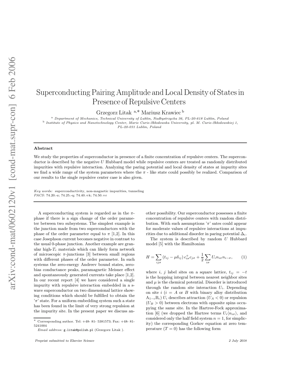 غلاف تقرير Superconducting Pairing Amplitude and Local Density of States in Presence of Repulsive Centers