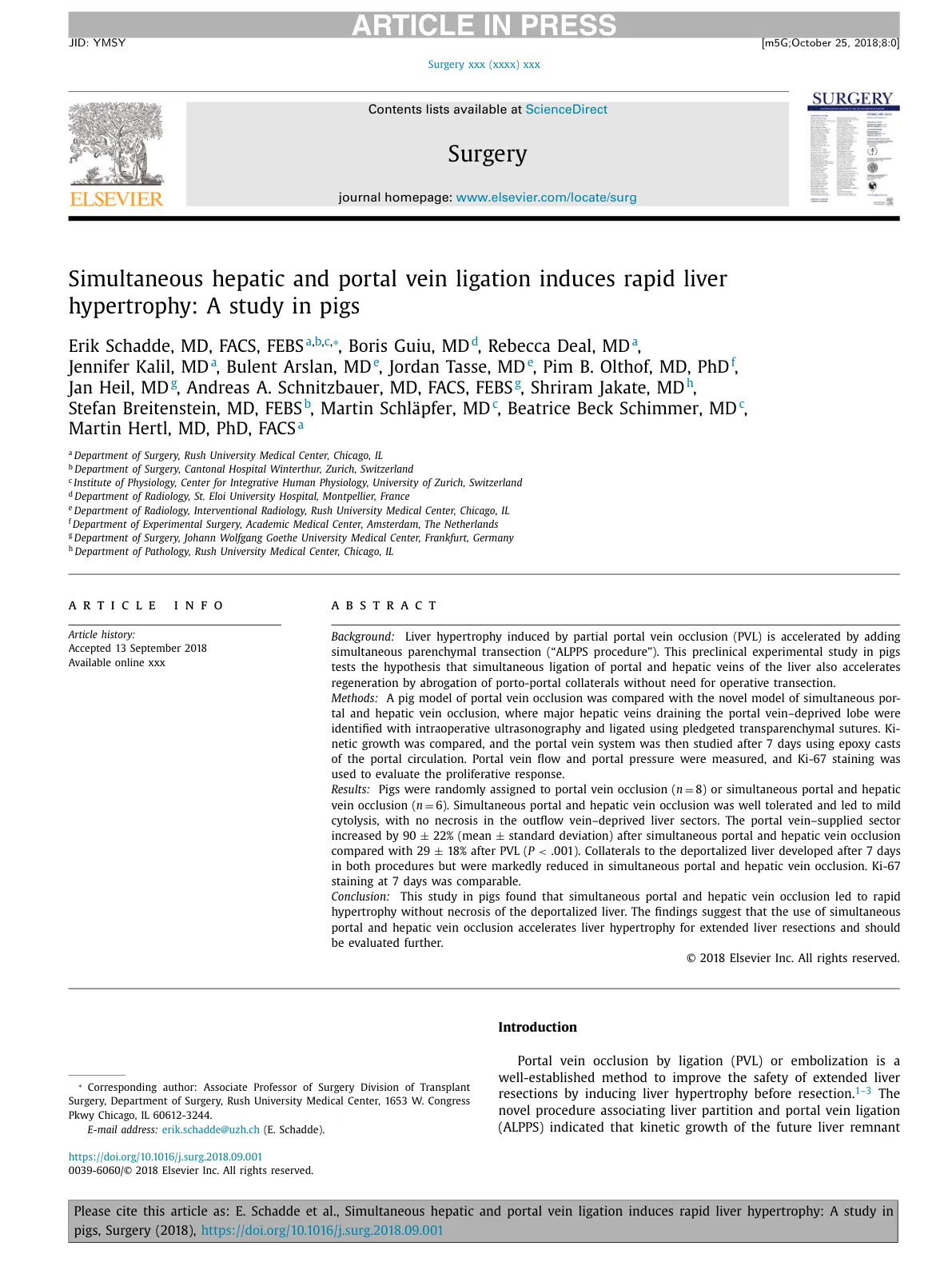 غلاف تقرير Simultaneous hepatic and portal vein ligation induces rapid liver hypertrophy: A study in pigs