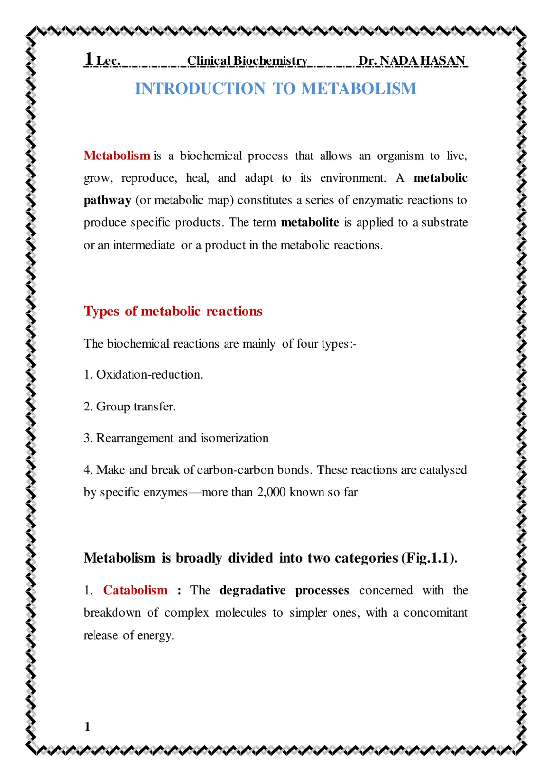 غلاف تقرير Lec. Clinical Biochemistry: Introduction to Metabolism