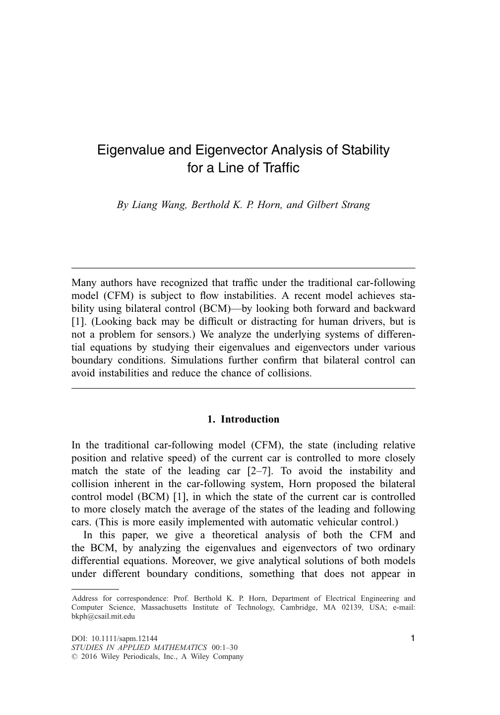 غلاف تقرير Eigenvalue and Eigenvector Analysis of Stability for a Line of Traffic