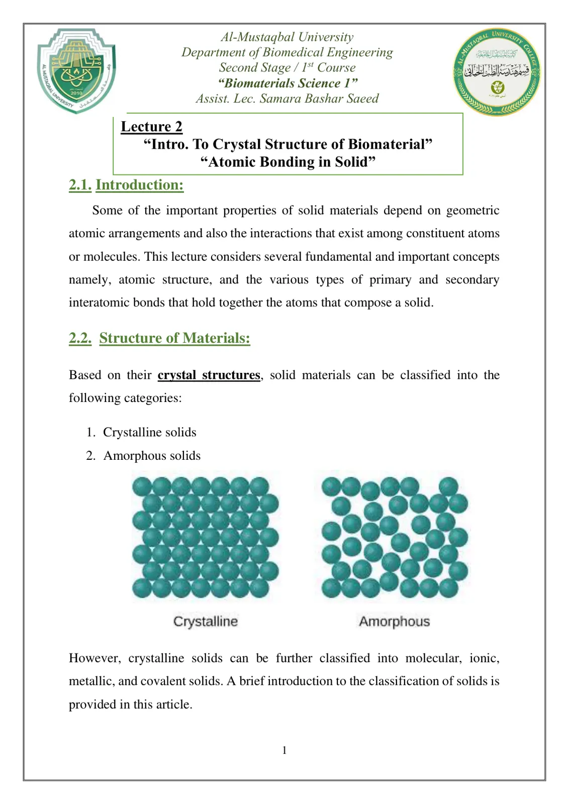 غلاف تقرير Biomaterials Science 1 - Intro. To Crystal Structure of Biomaterial - Atomic Bonding in Solid