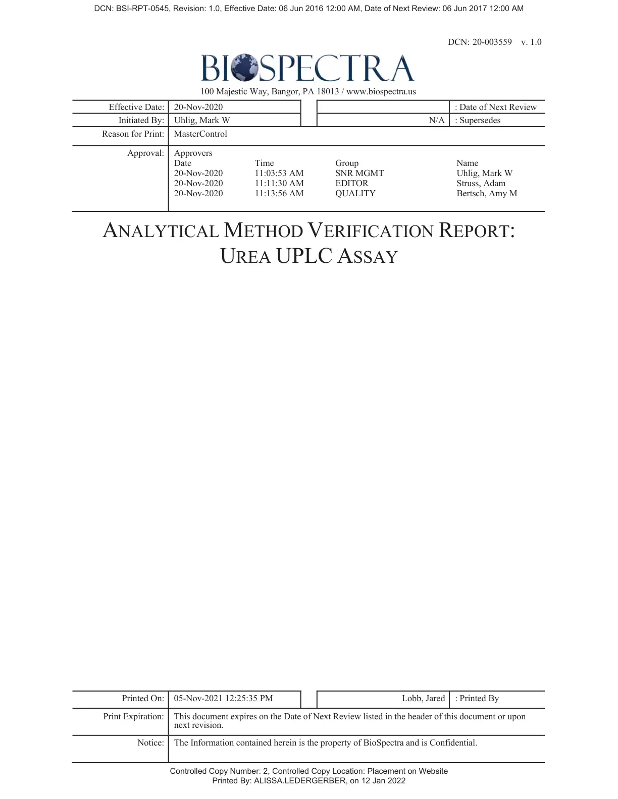 غلاف تقرير ANALYTICAL METHOD VERIFICATION REPORT: UREA UPLC ASSAY