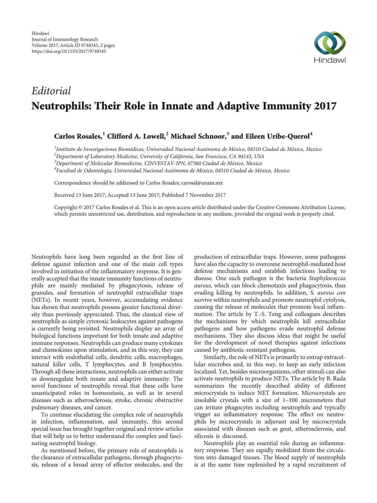 غلاف تقرير Neutrophils: Their Role in Innate and Adaptive Immunity 2017