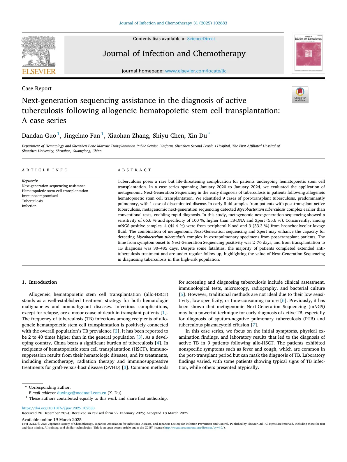 غلاف تقرير Next-generation sequencing assistance in the diagnosis of active tuberculosis following allogeneic hematopoietic stem cell transplantation: A case series
