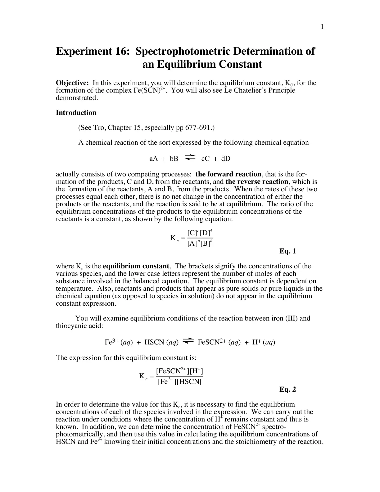 غلاف تقرير Experiment 16: Spectrophotometric Determination of an Equilibrium Constant