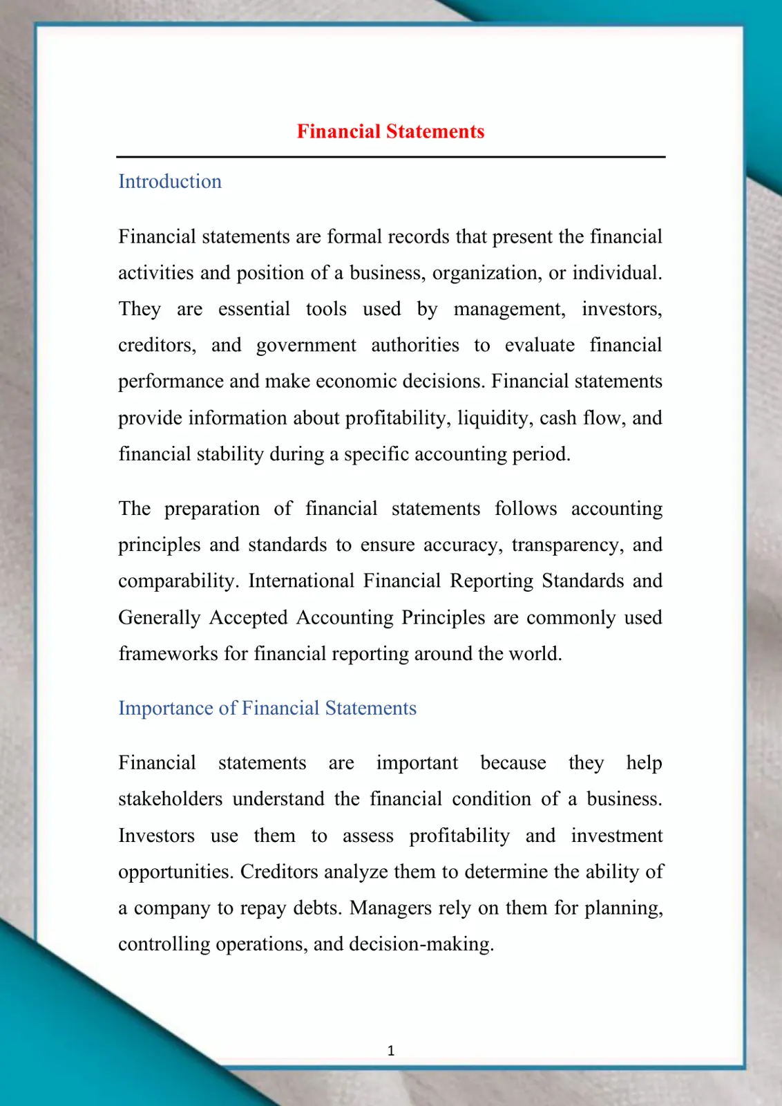 غلاف تقرير Financial Statements