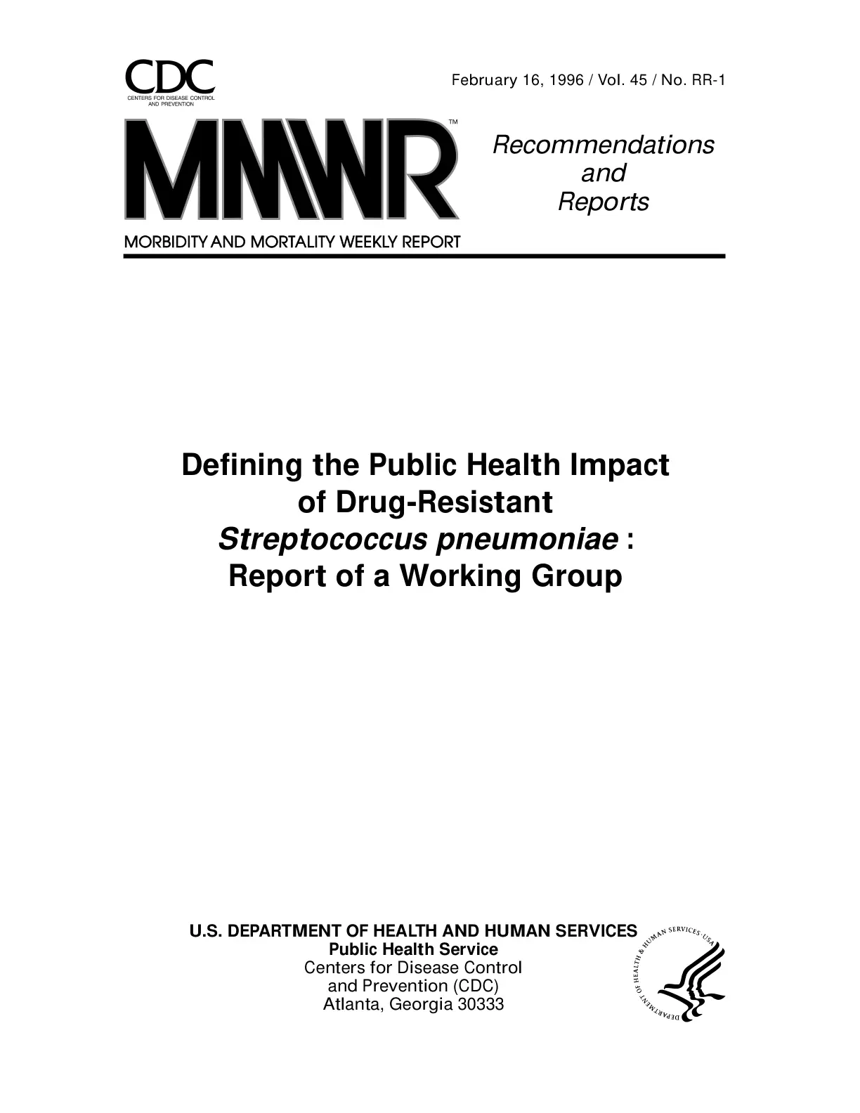 غلاف تقرير Defining the Public Health Impact of Drug-Resistant Streptococcus pneumoniae : Report of a Working Group