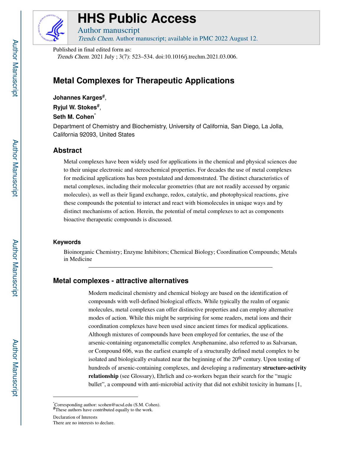 غلاف تقرير Metal Complexes for Therapeutic Applications