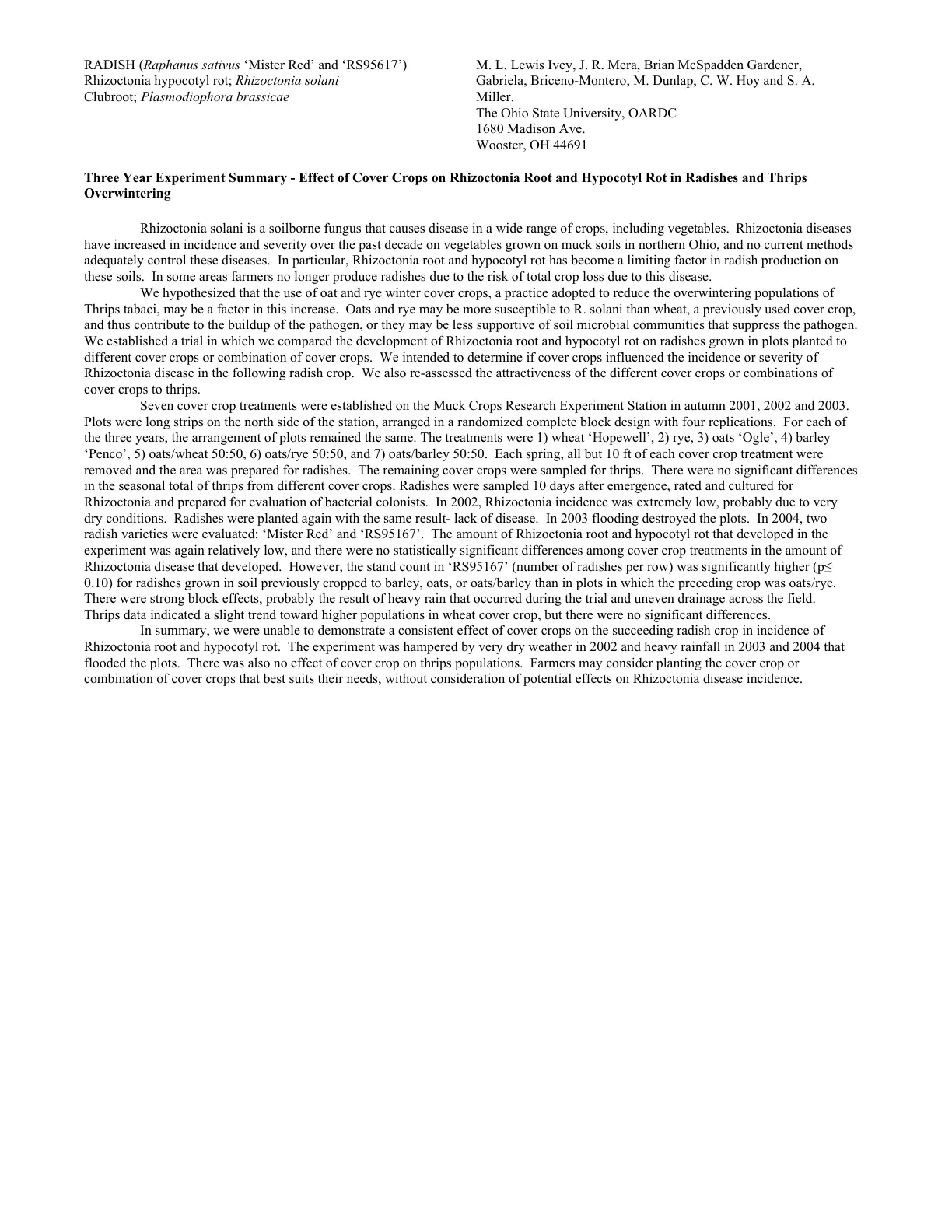 غلاف تقرير Three Year Experiment Summary - Effect of Cover Crops on Rhizoctonia Root and Hypocotyl Rot in Radishes and Thrips Overwintering