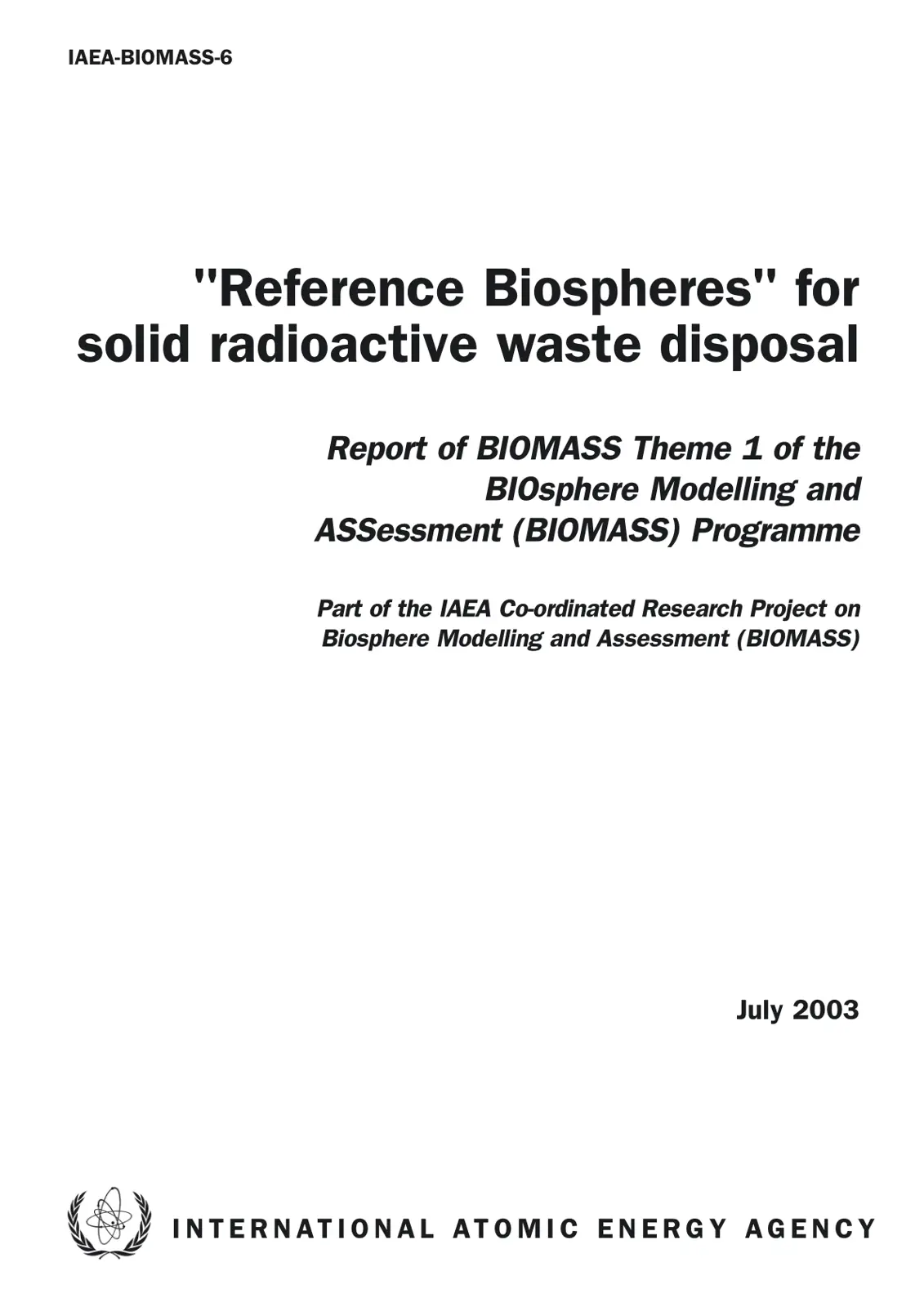 غلاف تقرير IAEA-BIOMASS-6: 'Reference Biospheres' for Solid Radioactive Waste Disposal